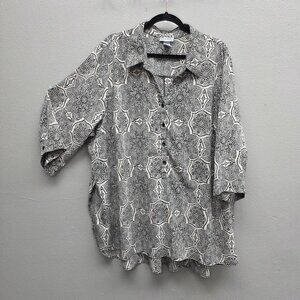 Catherines Shirt Womens 3X Black White Geometric Button Front Roll Tab Tunic